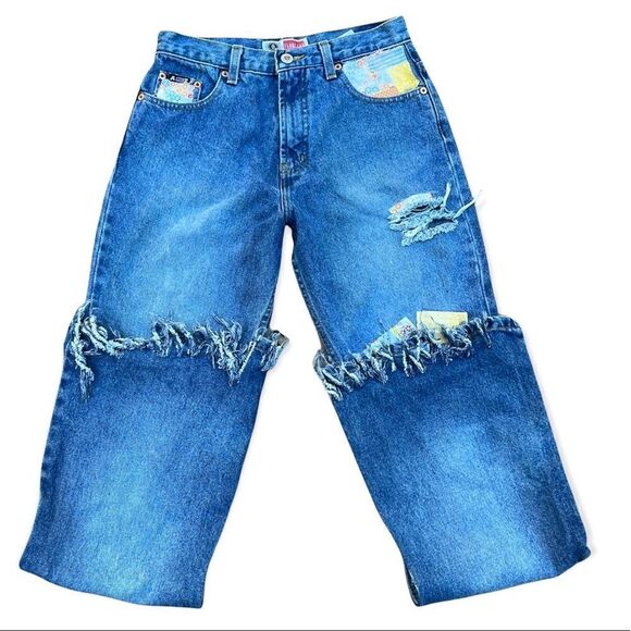 Vintage Y2K DIY up cycled distressed patch flare leg jeans small - Picture 2 of 8